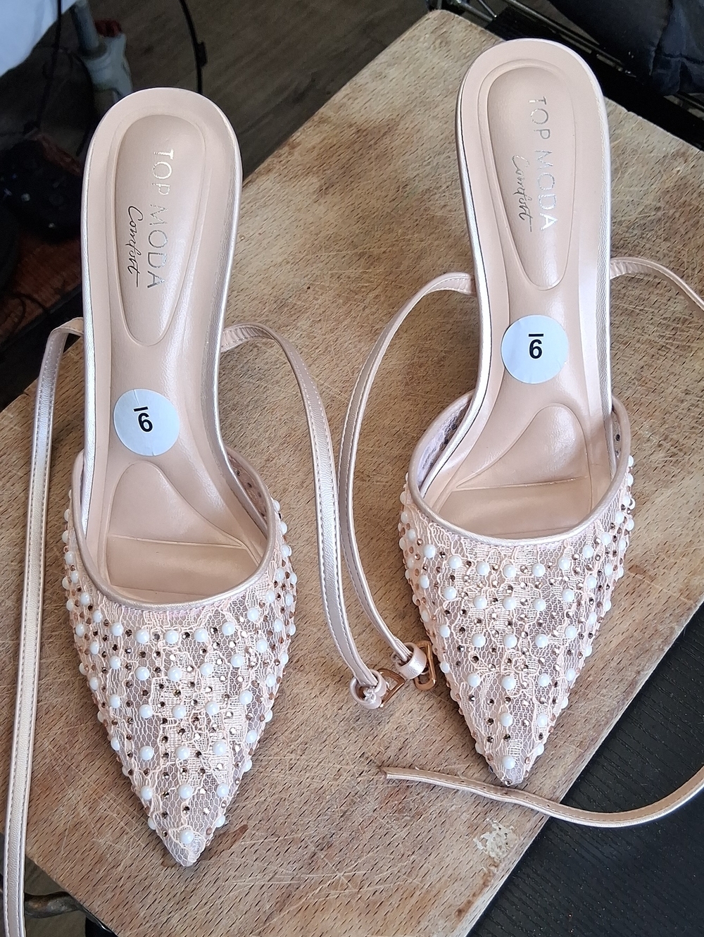 TOP Moda blush beaded pointed-toe women's mules with ankle ties